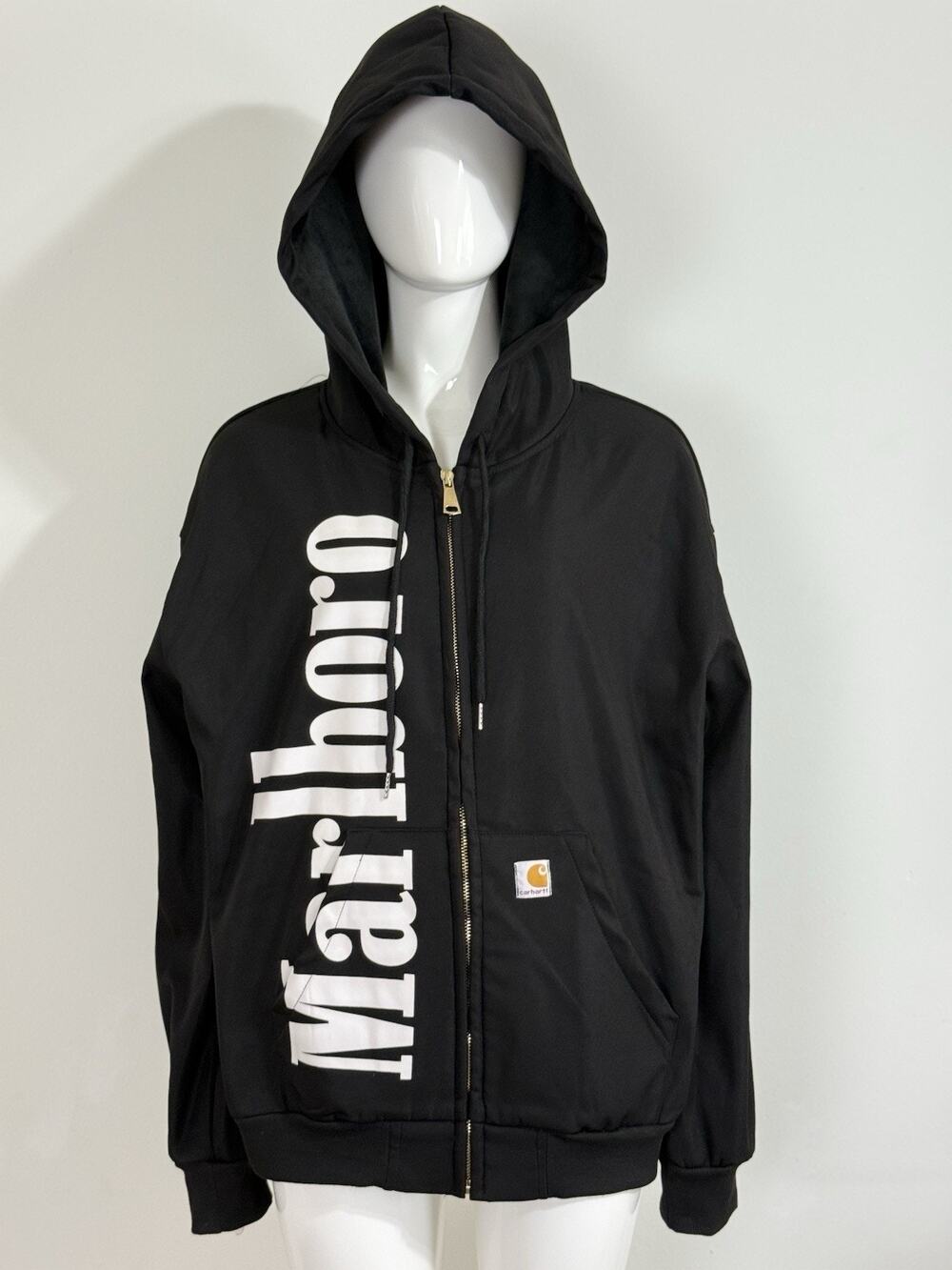 Marlboro Fleece Lined Full Zip Hoodie Jacket Black Cowboy Graphic Unisex Size L